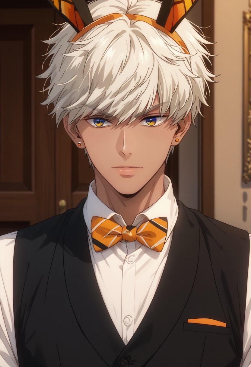 score_9, score_8_up, score_7_up, source_anime, rating_safe, Mamobey, 1boy, male focus, anime screencap, black vest, long sleeves, yellow-orange bowtie, orange rabbit ears headband,
