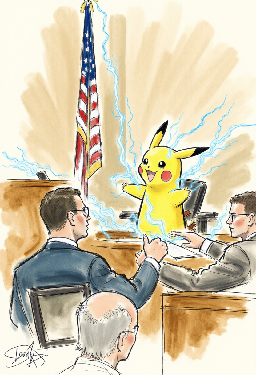 <lora:Courtroom_Sketch_Style_FLUX-000013:0.8>
This is a detailed, hand-drawn courtroom scene in a sketchy, watercolor style depicting pikachu electrocuting a lawyer.