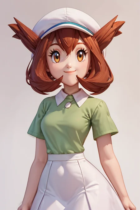 score_9, score_8_up, score_8, medium breasts, (curvy), cute, eyelashes, BREAK, , zzBianca, brown hair, brown eyes, medium hair, hair between eyes, short sleeves, green shirt, collared shirt, white hat, skirt, white skirt, <lora:Bianca_PokemonHeroes_PDXL_v2:0.7>,, BREAK, smile, closed mouth, looking at viewer, cowboy shot, embedding:zPDXL, Expressiveh, <lora:BeautifulCAT_PDXL:1.0>, <lora:SDXLFaeTastic2400:0.5>, <lora:Expressive_H-000001:0.4>,