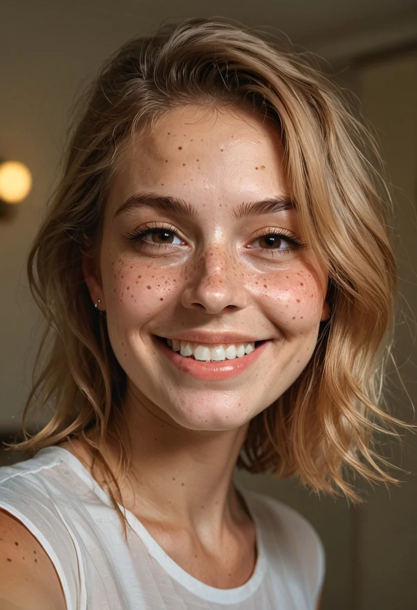 embedding:urn:air:sd1:embedding:civitai:222256@250708, score_9, score_8_up, score_7_up, score_6_up, 1girl, 20 years old blonde, fresh cut bob, subtle young hair, European caucasian, face portrait photograph of an influencer taking a selfie at a hairdresser, big smirk and grin, nose frown, small perky nose, huge smile, perfect white teeth, big smile with cheek dimples, eyes squinting with joy, semi opened eyes, smiling eye bags, skin is smooth and shiny, reflecting good health and beauty treatments, tight cheekbones that enhance their facial structure, nose has a subtle blush, looking at viewer, (detailed:1.8), laughing, realistic, source_photo, light brown eyes, (freckles:1.4), cute, dramatic lighting, pretty girl, bokeh hair salon