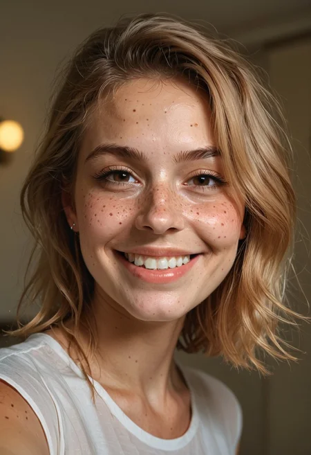 embedding:urn:air:sd1:embedding:civitai:222256@250708, score_9, score_8_up, score_7_up, score_6_up, 1girl, 20 years old blonde, fresh cut bob, subtle young hair, European caucasian, face portrait photograph of an influencer taking a selfie at a hairdresser, big smirk and grin, nose frown, small perky nose, huge smile, perfect white teeth, big smile with cheek dimples, eyes squinting with joy, semi opened eyes, smiling eye bags, skin is smooth and shiny, reflecting good health and beauty treatments, tight cheekbones that enhance their facial structure, nose has a subtle blush, looking at viewer, (detailed:1.8), laughing, realistic, source_photo, light brown eyes, (freckles:1.4), cute, dramatic lighting, pretty girl, bokeh hair salon