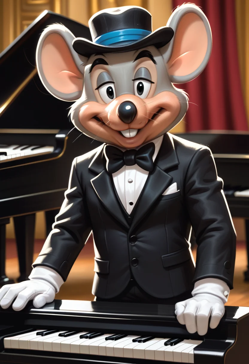 score_9, score_8_up, score_8, <lora:Charles_Entertainment_Cheese_Avenger_Chuck_E._Cheese_for_PonyXL:0.7> furry, 1boy, chuck3chee3e, mouse boy, male focus, hat, solo, buck teeth, black eyes, tuxedo, bowtie, sitting, at piano, white gloves,