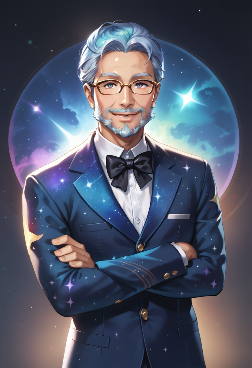 score_10, score_9_up, score_8_up, score_7_up, score_6_up, vibrant colors, shiny skin, prefect lighting, detailed image, snoozing, masterpiece, best quality, highly detailed, ultra quality, BREAK, 
<lora:galaxyXLP:1> galaxy, 
1man, solo,, old man, Glasses, beard,, detailed face, smiling, jewelry ,,suit made of galaxy, black bow tie, ((clothes made of galaxy)),  
looking at viewer, detailed background , indoors , cinematic composition , dynamic pose , Arms crossed ,