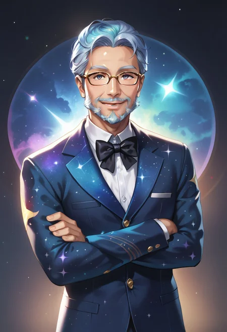 score_10, score_9_up, score_8_up, score_7_up, score_6_up, vibrant colors, shiny skin, prefect lighting, detailed image, snoozing, masterpiece, best quality, highly detailed, ultra quality, BREAK,
<lora:galaxyXLP:1> galaxy,
1man, solo,, old man, Glasses, beard,, detailed face, smiling, jewelry ,,suit made of galaxy, black bow tie, ((clothes made of galaxy)),
looking at viewer, detailed background , indoors , cinematic composition , dynamic pose , Arms crossed ,