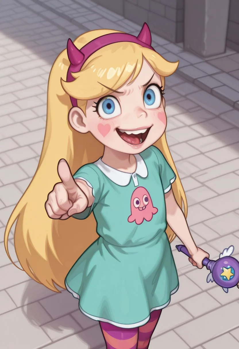 score_9, score_8_up. score_7_up, masterpiece, detailed nose, detailed lips, perfect face, young face,perfecteyes,1 girl, covered flat chest ,solo, star butterfly, 1girl, blonde hair, horned headwear, hairband, long hair, solo, heart marks on cheeks, blue eyes, facial mark, very long hair,teal dress,(((purple and orange striped pantyhose))), blush stickers,(front view),walking,,sidewalk,city,afternoon,looking at viewer,((high angle)),((wide smile)),glossy pink lips,(wide open eyes),open mouth,far view,facing viewer,(pointing at viewer),smile,teeth,tongue,angry,flat stomach,(holding purple svtfoe wand,purple wand),pink design on dress chest,