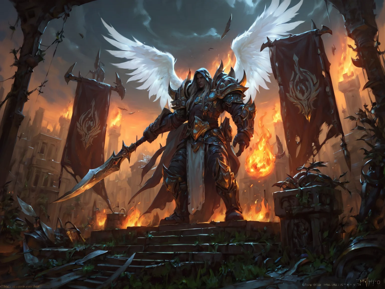 1boy, angel wings, armor, banner, cloud, fire, flag, glowing, holding, holding weapon, hood, long hair, male focus, ponytail, ruins, scenery, shoulder armor, <lora:WorldOfWarcraftXL:0.8>, BREAK score_9, score_8_up, score_7_up, score_6_up, score_5_up, score_4_up