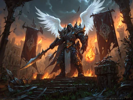 1boy, angel wings, armor, banner, cloud, fire, flag, glowing, holding, holding weapon, hood, long hair, male focus, ponytail, ruins, scenery, shoulder armor, <lora:WorldOfWarcraftXL:0.8>, BREAK score_9, score_8_up, score_7_up, score_6_up, score_5_up, score_4_up