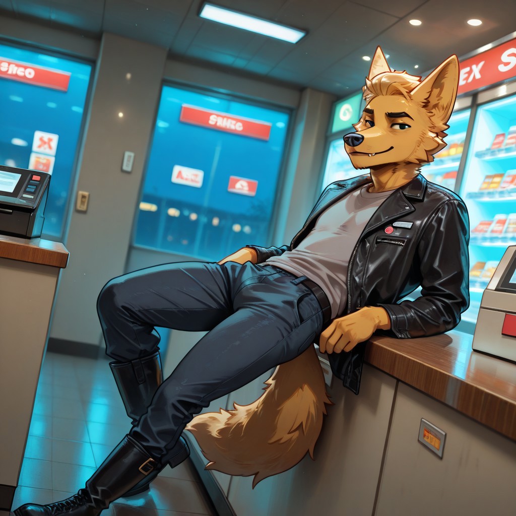 gregg_lee, r-s, by dwc_marshal_arts,  
BREAK, 
masterpiece, best quality, amazing quality, very aesthetic, newest, absurdres, newest, perfect quality, best quality, intricate details, 
BREAK, 
male focus, cinematic lighting, dramatic lighting, dynamic view, dynamic angle, close up, 
BREAK, 
indoors, night, convenience store, convenience store interior, store aisle, cashier counter, cash register, 
BREAK, 
1boy, solo, male focus, anthro, furry, fox, yellow fur, black eyes, black eyebrows, tail, animal ears, short hair, spiky hair, yellow hair, 
BREAK, 
(slender, skinny, twink), 
BREAK, 
black leather jacket, grey shirt, dark navy jeans, black leather boots, 
BREAK, 
looking at viewer, leaning back on counter, dynamic pose, smiling, happy, 
BREAK, 
<lora:Muscle slider IXLJK2_alpha16.0_rank32_full_last:0>