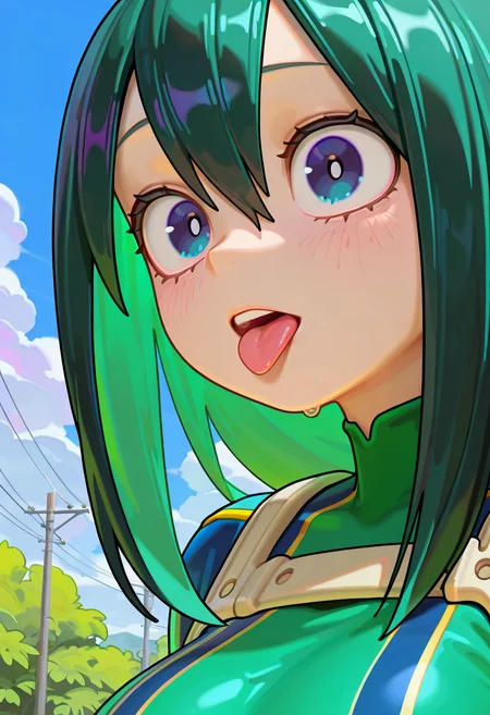 masterpiece, best quality, amazing quality, very aesthetic, absurdres,  newest, scenery, volumetric lighting, 
boku no hero academia, 1girl, tsuyu asui, solo, hero uniform, tongue out, outdoors, by bartolomeobari, 
close-up, masterpiece, best quality, amazing quality, very aesthetic, absurdres,  newest, scenery, volumetric lighting