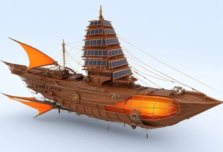 lumenarium, ship on water, big sail like solar panels, stary sky, aether nebulas, realistic, wooden hull with metal elements, orange glowing energy sail:2 , silver metal, guns on board, hight tech, steampunk, wings like gloving solar panels, side view, on ocean waves,