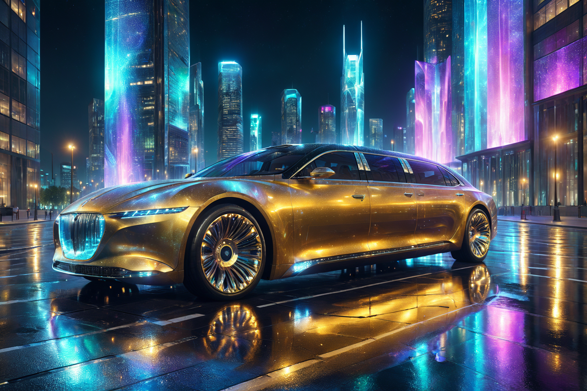 morph-aurora, a futuristic limousine with elongated body, luxury finish, solo, sleek exhaust, emitting soft light, futuristic city street, towering skyscrapers, flying drones, detailed background, parked in a plaza, holographic fountains, city lights, dynamic angle, wide shot, a futuristic antenna, sleek design, on the car, best quality, rich colors, realistic style, high detail, high-definition, hyper-realistic, extremely high-resolution details, fine texture, incredibly lifelike, realistic, not fantasy, not anime, not drawing, highres, 4K resolution, source photo, realistic photo, masterpiece, best quality, amazing quality, very aesthetic, ultra-detailed, detailed surfaces, natural metallic tones, soft light, futuristic gold, metallic sheen, dim light, dynamic angle, wide shot, <lora:add-detail-xl:1> <lora:aurora_0_100_V1-000009:0.65>