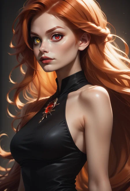 score_9, score_8_up, score_7_up,
1girl, solo, upper body, ginger hair, very long hair, black dress, red eyes, heterochromia, right eye yellow,
<lora:Dark_Heterochromia_Pony_v0.2:0.5>