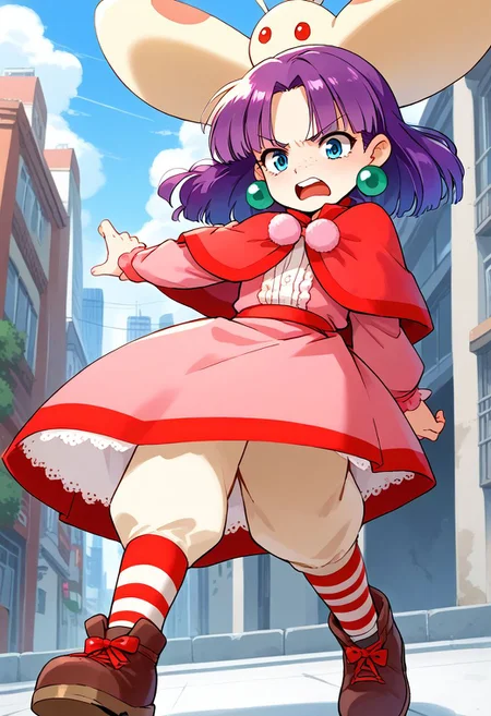 <lora:HyLper-Accelerate-PAseer:1> <lora:Fixhands_anime_bdsqlsz_V1:1>score_9, score_8_up, score_7_up, source_anime, intricate details, perfect anatomy BREAK
1girl, grandia-sue, purple hair, long hair, hair ribbon, blue eyes, green earrings, capelet, pink dress, grandia-sue outfit, striped socks, brown shoes,
Angry, tightened jaw, squinted eyes, and raised eyebrows., outdoors, city, tokyo, dynamic pose, dynamic angle,
<lora:grandia-sue_XL(pony)v11:1>