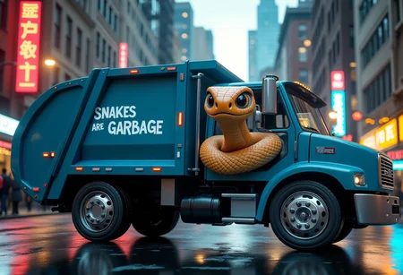 An angry anthropomorphic 3D rendering of a cute snake driving a garbage truck, on the side of the garbage truck it says "SNAKES ARE GARBAGE" the highest quality detail, New York City, detailed city background, wet streets, cool lighting with natural blue hue, UHD 8k, angry