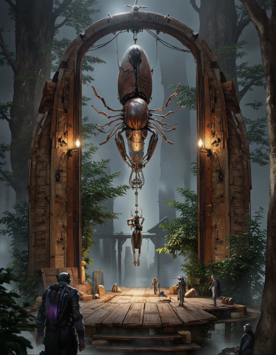 By Brandon Le. A digital illustration shoot from below about a futuristic, sci-fi scene featuring a large, metallic insect-like creature suspended in mid-air amidst a dense, misty forest. the scene is set in a dark, industrial environment with tall, dilapidated structures and lush greenery, illuminated by soft, ethereal light. on the center of the image, a humanoid robot with a long, slender body and multiple legs is suspended in the air, suspended from the air by thin, metallic wires. the robot appears to be in a state of awe, with intricate details and a metallic sheen that catches the light, and is surrounded by smaller, humanoid figures standing on a wooden platform. on either side of the robot, there are tall, wooden structures with intricate designs and glowing light fixtures, adding to the eerie atmosphere of the scene. the overall mood is dark and mysterious, with a focus on the intricate details of the insect and the surrounding environment.