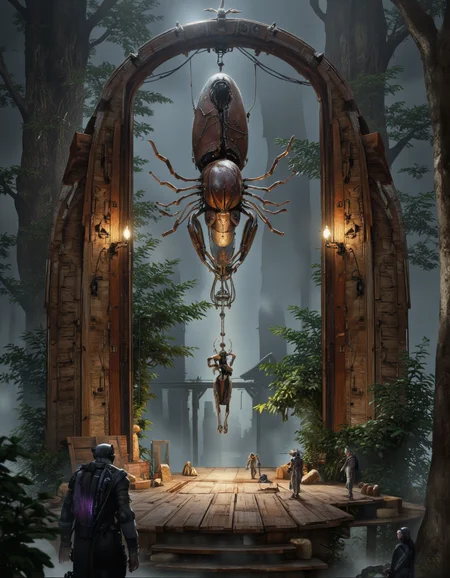 By Brandon Le. A digital illustration shoot from below about a futuristic, sci-fi scene featuring a large, metallic insect-like creature suspended in mid-air amidst a dense, misty forest. the scene is set in a dark, industrial environment with tall, dilapidated structures and lush greenery, illuminated by soft, ethereal light. on the center of the image, a humanoid robot with a long, slender body and multiple legs is suspended in the air, suspended from the air by thin, metallic wires. the robot appears to be in a state of awe, with intricate details and a metallic sheen that catches the light, and is surrounded by smaller, humanoid figures standing on a wooden platform. on either side of the robot, there are tall, wooden structures with intricate designs and glowing light fixtures, adding to the eerie atmosphere of the scene. the overall mood is dark and mysterious, with a focus on the intricate details of the insect and the surrounding environment.