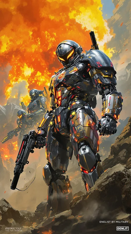 In a dystopian cyberpunk future, a mesmerizing propaganda poster beckons viewers to enlist in the military. Combining the gritty art style of Frank Frazetta with the futuristic flair of Moebius, the image features a cybernetically enhanced soldier, clad in sleek, reflective armor and wielding cutting-edge weapons. The intricate detailing, vivid colors, and dynamic composition elevate this digital painting to a level of unparalleled artistry, capturing the essence of a war-torn, technologically advanced world with stunning precision., cyberpunk art, auto-destructive art, soldiers and mech fight, berserk art style, image comics, metal gear movie still