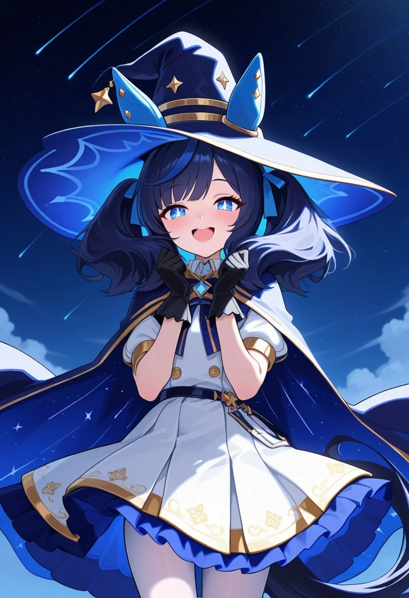 anime, masterpiece, best quality, 8k, glancing at viewer, 1girl, (female umamusume, female focus, umamusume, medium hair, dark blue hair, blue eyes, star pupils, twintails, fluffy hair, dark blue wizard hat, big wizard hat, short dark blue mantle, dark blue ribbon, white dress with blue and gold rim, black gloves, short sleeves, white tights, blue horse tail, horse ears, blue ribbons), nighttime, starry sky, shooting stars, laughing, happy, cute, short, wind blowing, perfect body, petite, shortstacks, solo, masterpiece, best quality,highres, score_9, score_8_up, score_7_up, score_6_up, source anime, absurdres, masterpiece, best quality,