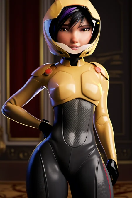 PonyXLV6_Scores BREAK (perfect anatomy, perfect eyes, cowboy shot), <lora:add_details_xl:0.8> BREAK <lora:GoGo_Tomago_-_Big_Hero_6:0.8> gogo tomago, short hair, black hair, multicolored hair, two-tone hair, streaked hair, purple hair, brown eyes, eyeshadow, makeup, lipstick, sultry eyes, naughty face, ((looking at viewer)), helmet, armor, bodysuit, gloves, curvy, toned, athletic, sexually suggestive pose, model pose, hand on hips, indoors