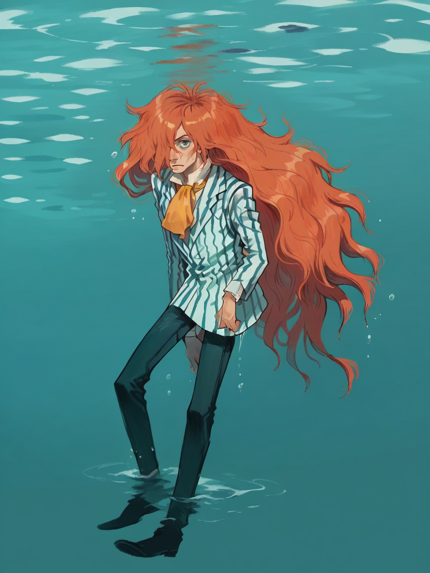 score_9, score_8_up, score_7_up, score_6_up, score_5_up,   <lora:FujimotoXLP:1> fujimoto, 1boy, long hair, solo, orange hair, striped, hair over one eye, water background,