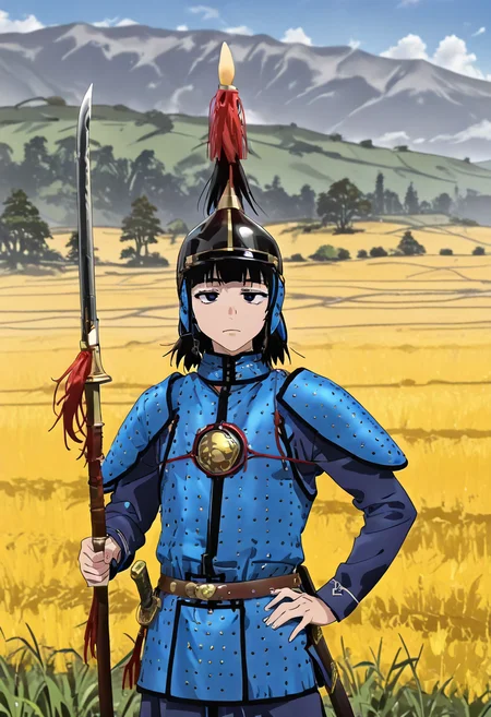 masterpiece, best quality, absurdres, detailed skin, detailed eyes, detailed face, anime colored, anime screencap, anime colored,
<Lora:DetailedEyes_V3:1>,
<lora:Suzushiro_Hatsuka_IL-000008:0.8>, 1 boy, femboy, Suzushiro Hatsuka, black eyes, black hair, looking at viewer,  hand on own hip, upper body, holding polearm, 
<lora:Qing_Dynasty_Armor:0.9>, ((blue qingarmor)), ((qinghelmet)), wearing helmet, plume, sword, sheath,blue long sleeves, 
grassland,