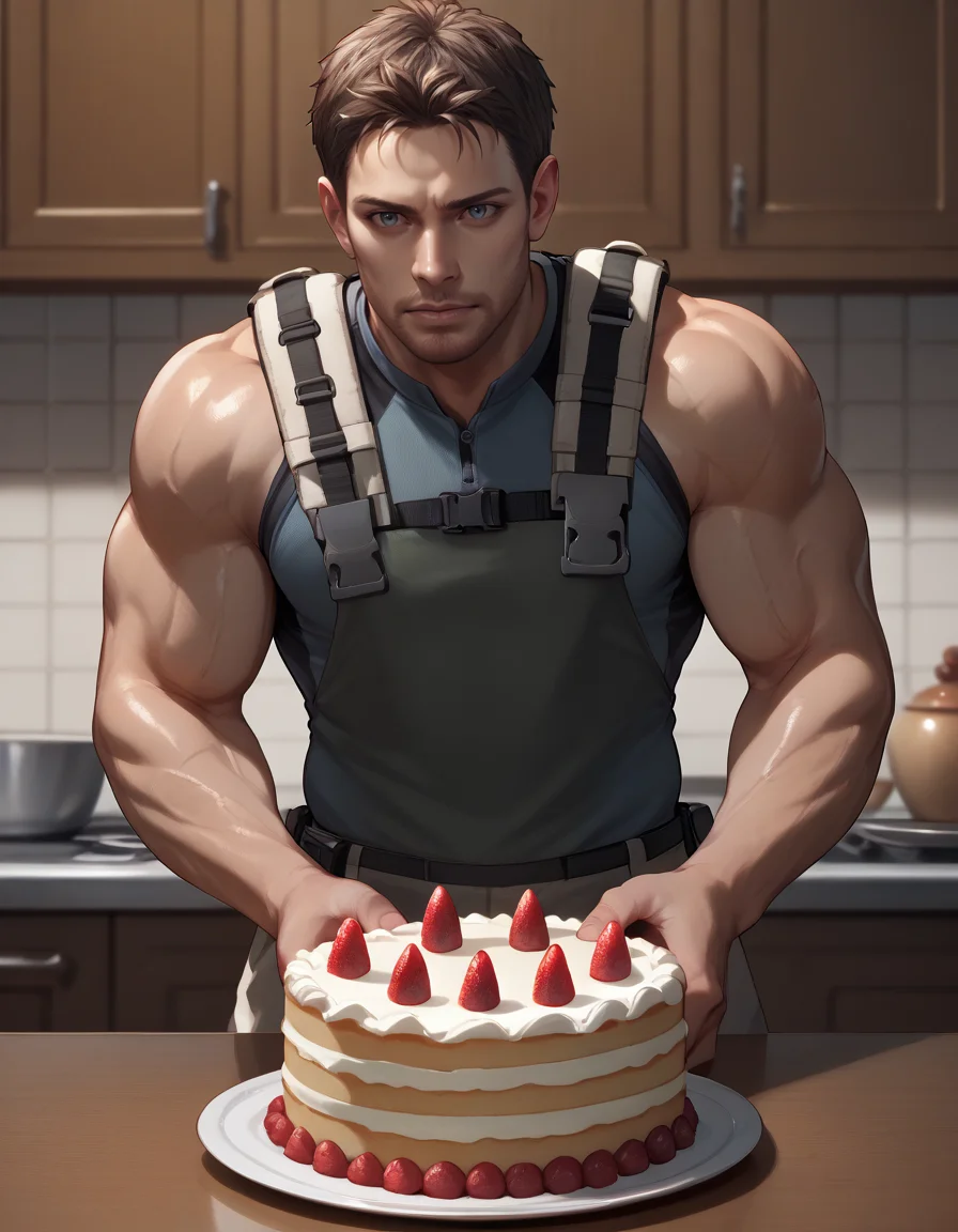 score_9, score_8_up, score_7_up, score_6_up, score_5_up, score_4_up, source_anime, realistic, photoshop \(medium\), <lora:RE5_ChrisSolo_t1-000005-128:1.0> 1boy, Chris Redfield, muscular, facial hair
, baking a cake
, kitchen