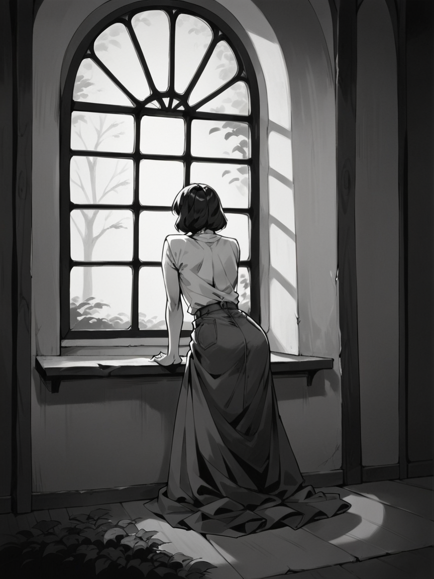 score_9, score_8_up, score_7_up, score_6_up, score_5_up, score_4_up,  <lora:c0ntr4stbwXLP:0.7> c0ntr4st, monochrome, high contrast, window, 1girl, full body,
