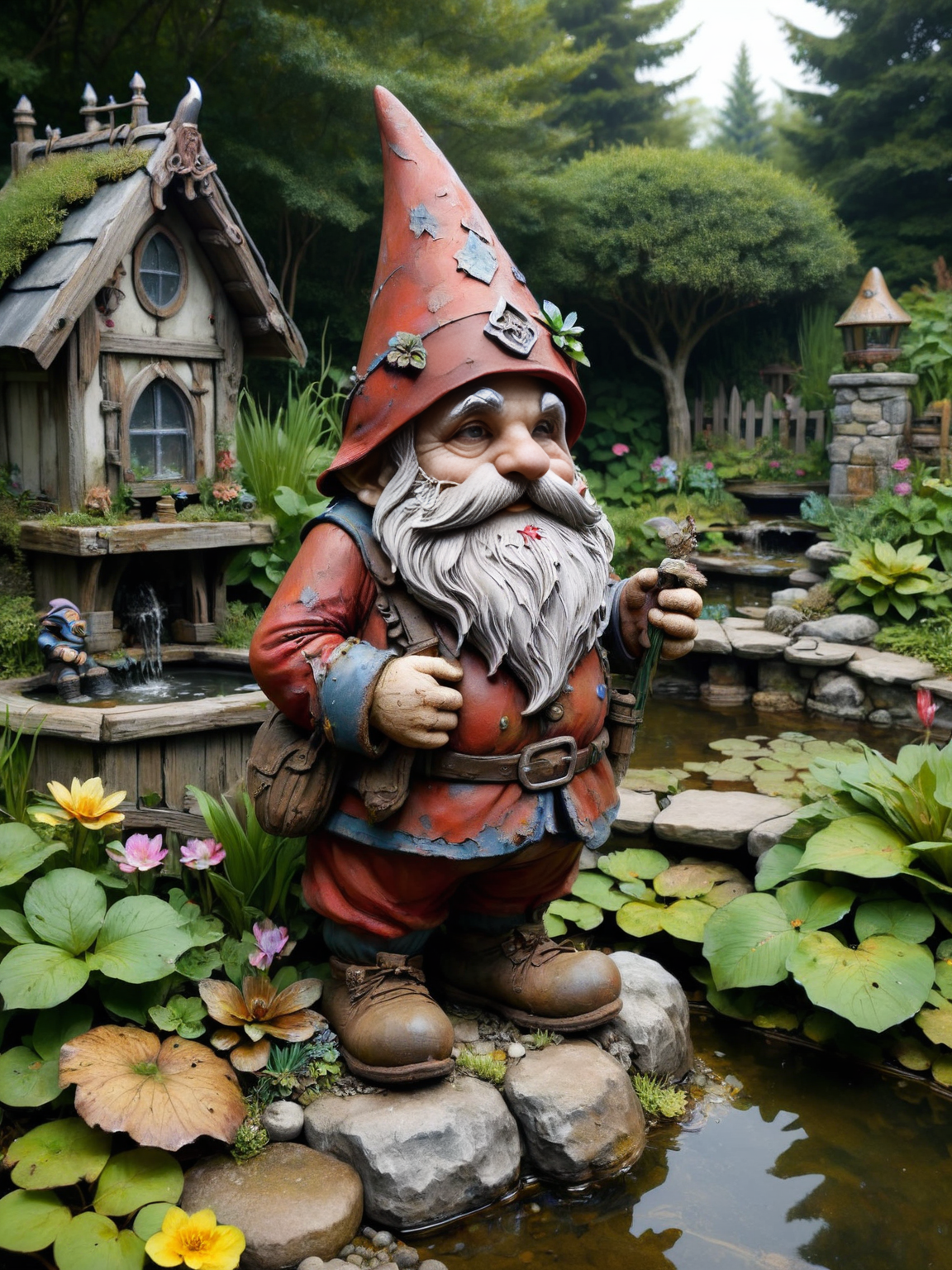 an ais-olde gnome, standing next to the pond in a lush garden  <lora:Olde_Style_SDXL:1>