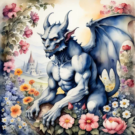 high detail, high quality, masterpiece, epic composition, watercolor on old paper, gargoyle creature amongst flowers