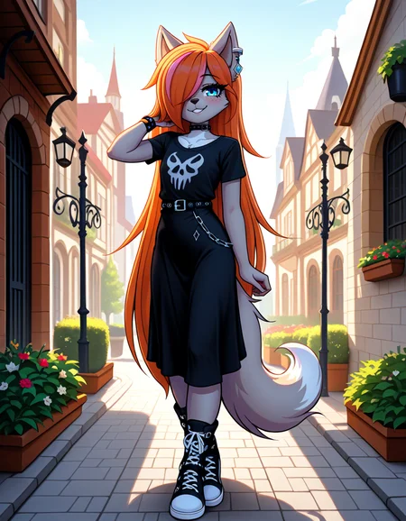 masterpiece, best quality, very aesthetic, absurdres,
outdoors,
full body, posing,
goth fashion,
seductive smile, parted lips, long eyelashes,
<lora:Kayla_Kitsune_v01_NAIXL:1>
K4yl4_K1tsun3,1girl,solo,furry,furry female,very long hair,multicolored hair,orange hair,pink hair,streaked hair,hair over one eye,wolf ears,earrings,blue eyes,freckles,snout,animal nose,body fur,two-tone fur,wolf tail