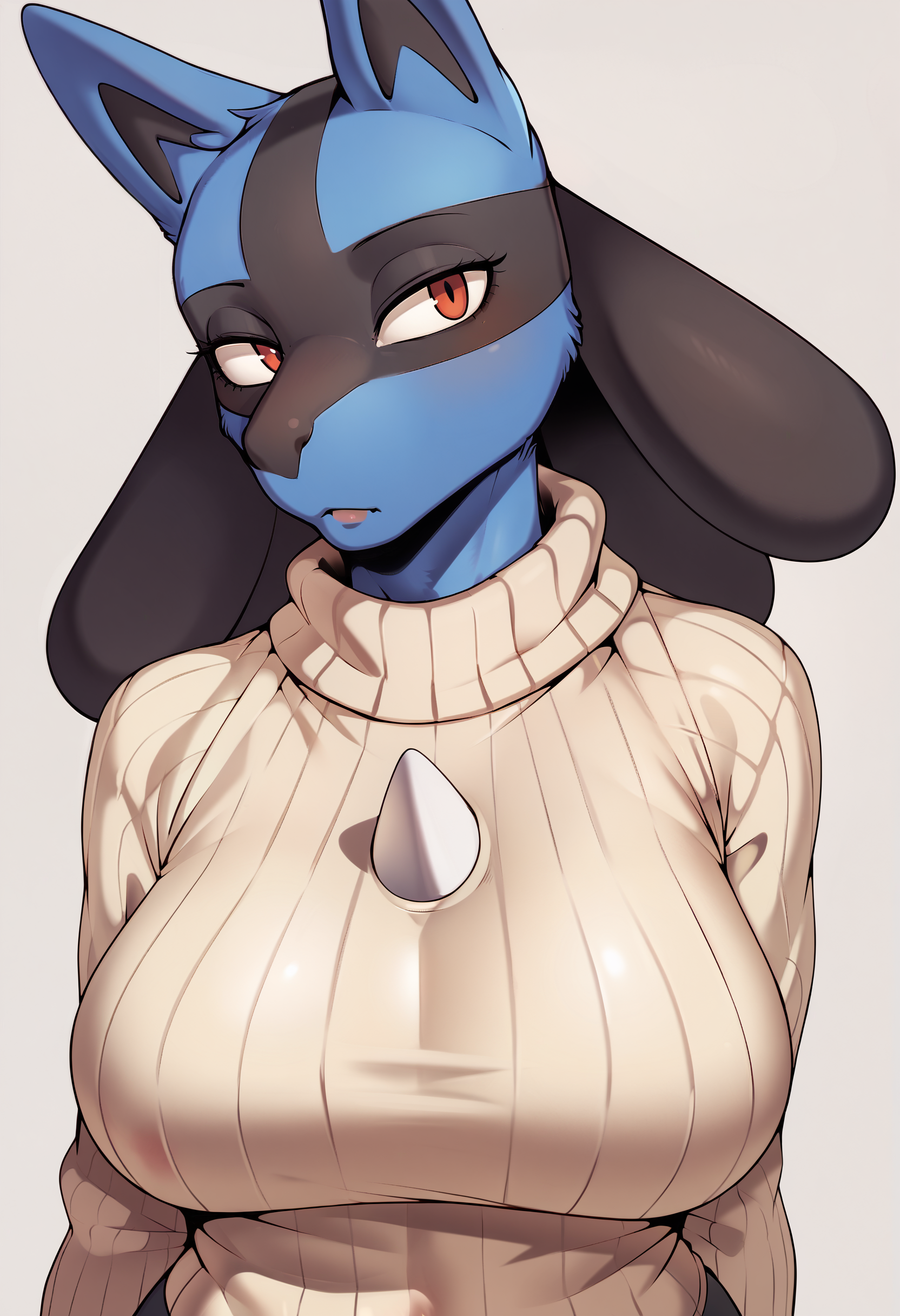<lora:cervina7-guy-PONY-DORAv201:1> cervina7, score_9, score_7_up, 1girl, solo, furry, sweater, portrait, looking at viewer, simple background, lucario