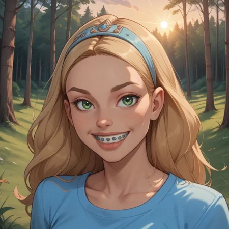 score_9, score_8, BREAK, solo, Sharon_Spitz_(Braceface), long hair, blonde hair, green eyes, blue hairclip, silver braces, blue crop top, midriff, navel, blue denim jeans, sandals, self portrait, smile, looking at viewer, outdoors, sunlight, shadows, evening lighting, natural lighting, forest, trees, grass, orange sky, sunset