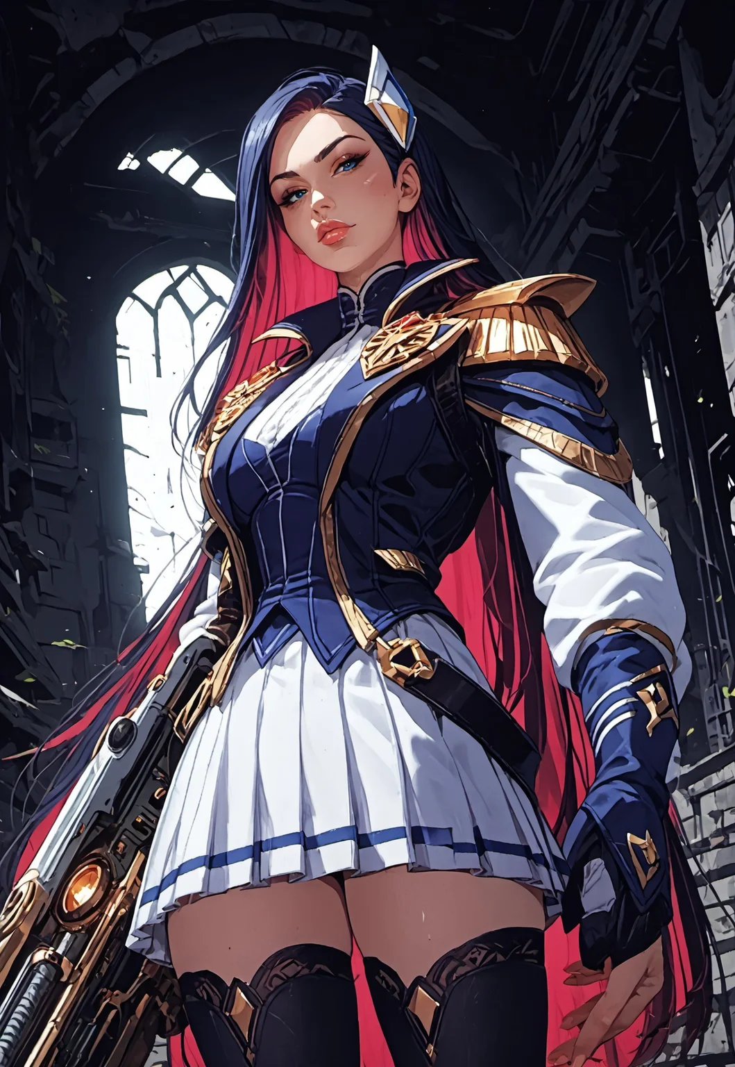 ((zPDXL3)), ((zPDXLxxx)), score_9, score_8_up, score_8, Science Fiction, Star Wars, perfecteyes, ultra detailed, high resolution, high quality, masterpiece, intricate details, intricate body, intricate landscape, knva, Expressiveh, European Instagram Model, upper body shot, low light, dungeon, ruins, green glow, black background,
BREAK
1girl, solo, source_cartoon, mature female, acadecait, very long hair, hair ornament, colored inner hair, jacket, shoulder armor, shirt, single glove, skirt, thighhighs, badge, single knee pad, boots, holding rifle, beautiful, full lips, looking at viewer, closed mouth,