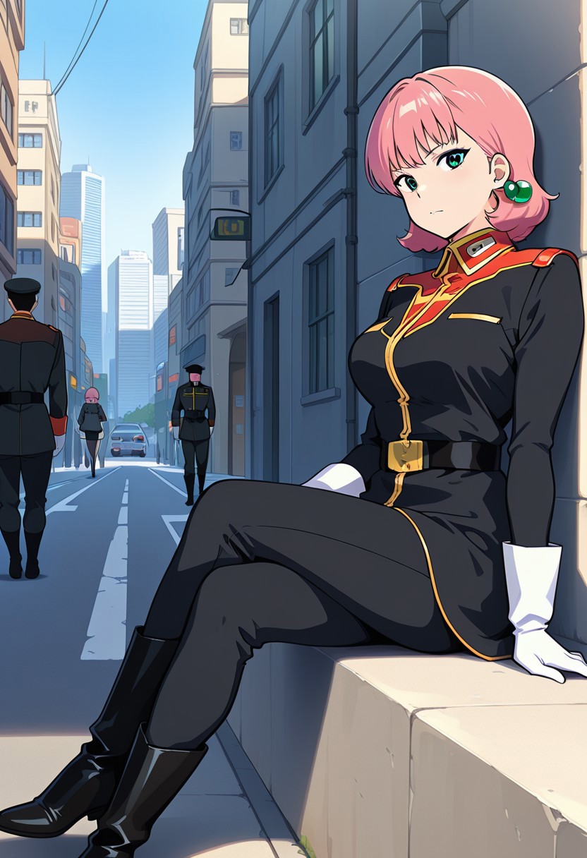 CG qual;ity, masterpiece, best quality,amazing quality,   city ,street,zabiarov, 1 female, pink hair , short hair, ear accessory, green eyes, military uniform, white gloves,black pants,boots, sitting