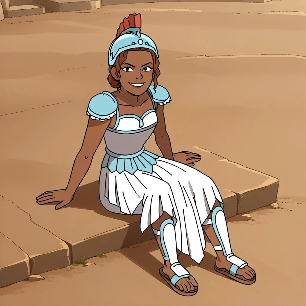1girl,solo,dark skin,armor,brown hair,single hair bun,helmet,dress,sandals,sitting,smirk,looking at viewer,facing viewer