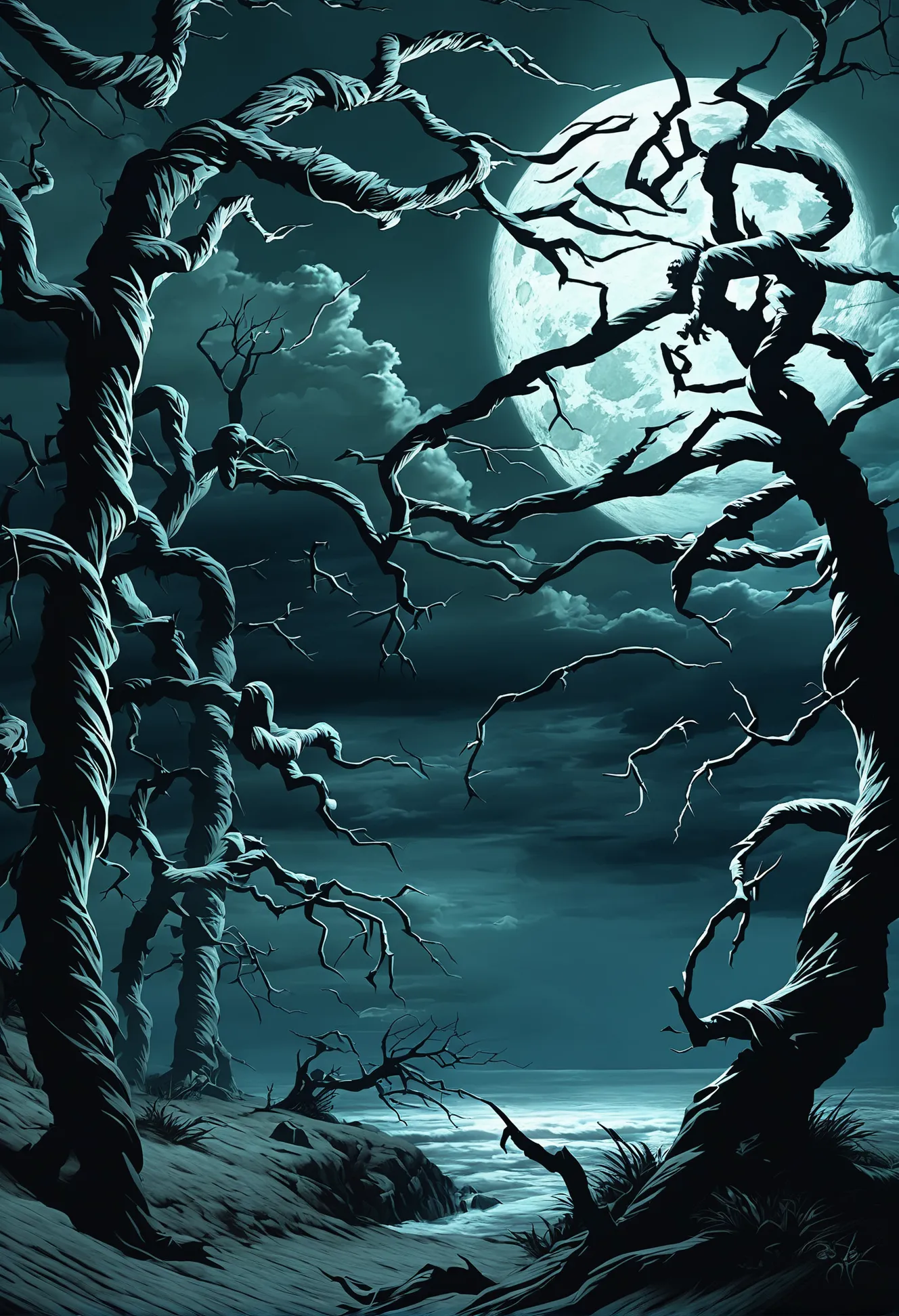 pulp horror, scary, full moon,ominous storm clouds,strait jacket,Twisted trees with claw-like branches<lora:EnvyPulpHorrorXL01:1:1:lbw=ALL>