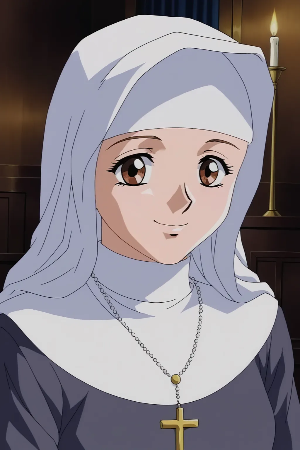 score_9, best, masterpiece, uncensored,
1girl, solo, smile, retro artstyle, 1990s (style),
LTHRMNNun, nun, habit,  covered head, white habit, upper body,
<lora:LeathermanNun_V2:0.8>​​​