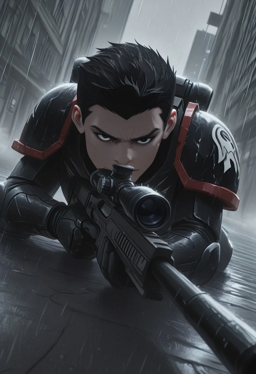 masterpiece, best quality, high quality, newest, highres,8K,HDR,absurdres, dynamic angle, realistic, 1boy, wearing edgRG_(power armor), pauldrons, raven emblem, solo, 1boy, Robin / Damian Wayne, black hair, short hair, black eyes, perfect eyes, holding a sniper, silhouette, skyline, creepy, backlit, haunted, lightnings and thunders, rain, rainy, fog, mist, cold, dutch angle, dark interior, solo, close up, mid shot, dutch angle, <lora:edgIllustriousXL_Raven_Guard:1>