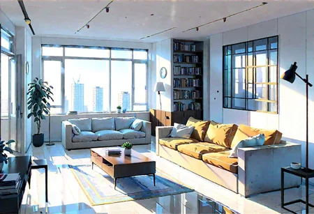 ((front view)), (Close-Up View), (Rule of Thirds), ((animation style)), A room with wide sides and narrow front and back, modern-style interior, with white walls, ((large windows)), a study, Sofa, coffee table, bookcase, single wall,
warm light morning sun, (((City high-rise building scenery))), (clear sky)