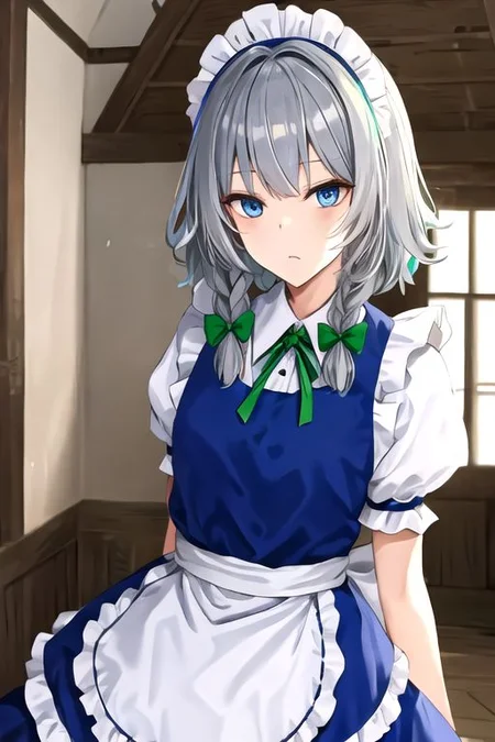 Sakuya, maid headdress, izayoi sakuya, braid, twin braids, grey hair, short hair, sakuya, solo, looking at viewer, bow, blue eyes, hair bow, green bow, bangs, maid, puffy sleeves, short sleeves, apron, dress, blue dress