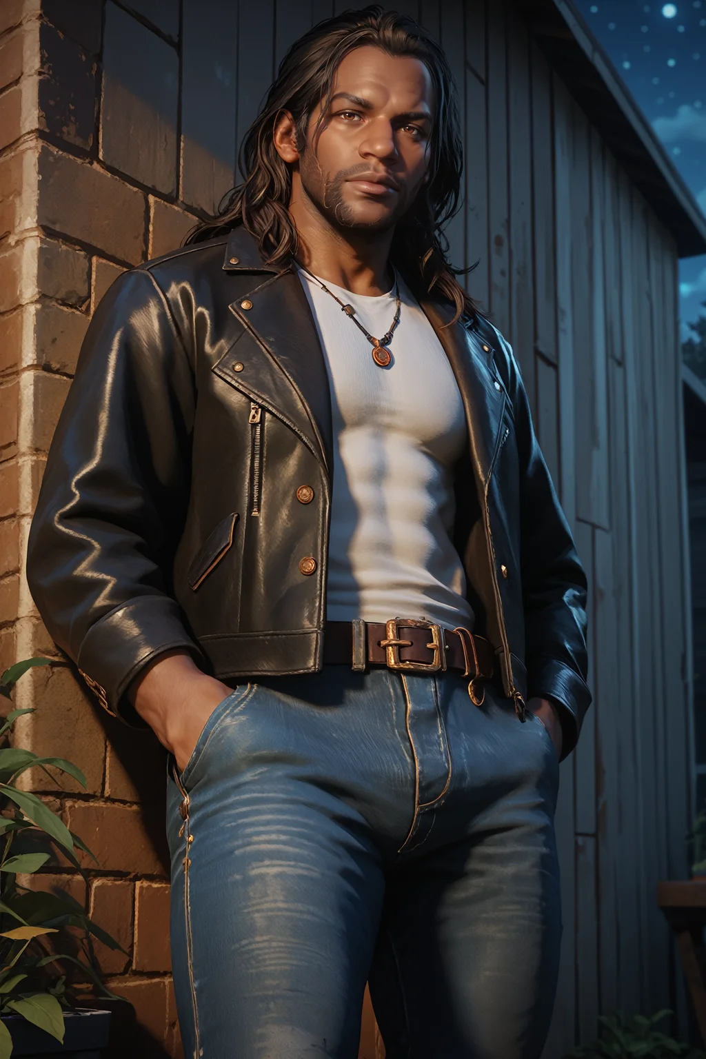 score_9, score_8_up, score_7_up,
<lora:RDR2Charles:0.8>
RDR2Charles, 1boy, black hair, brown eyes, long hair, facial hair, dark skin, looking at viewer, leaning against wall, outside, leather jacket, jeans, hands in pocket, at night