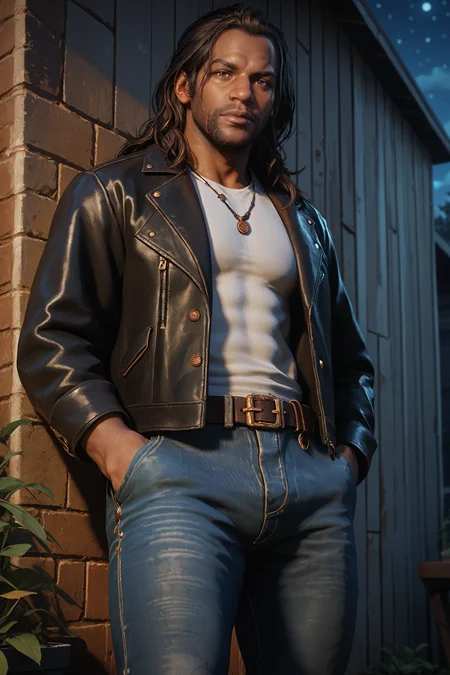 score_9, score_8_up, score_7_up,
<lora:RDR2Charles:0.8>
RDR2Charles, 1boy, black hair, brown eyes, long hair, facial hair, dark skin, looking at viewer, leaning against wall, outside, leather jacket, jeans, hands in pocket, at night