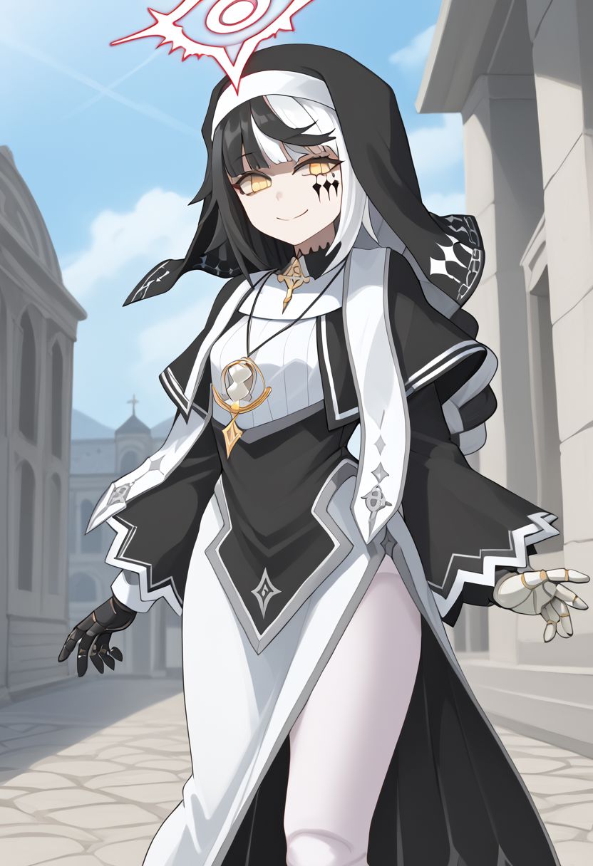 1girl, absurdres, solo, long hair, black hair, hair ornament, streaked hair, halo, two-tone hair, yellow eyes, braid, white hair, multicolored hair, facial mark, braided ponytail, black footwear, doll joints, veil, cross, nun, habit, white pantyhose, black capelet, asymmetrical gloves, mismatched gloves, side slit, looking at viewer, naughty face, half-closed eyes, light smile