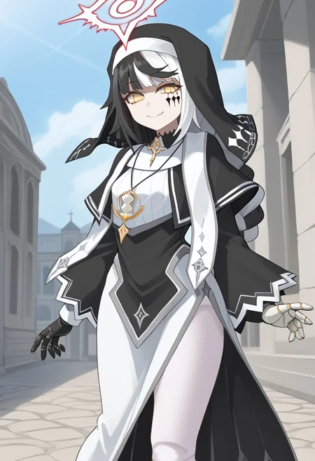 1girl, absurdres, solo, long hair, black hair, hair ornament, streaked hair, halo, two-tone hair, yellow eyes, braid, white hair, multicolored hair, facial mark, braided ponytail, black footwear, doll joints, veil, cross, nun, habit, white pantyhose, black capelet, asymmetrical gloves, mismatched gloves, side slit, looking at viewer, naughty face, half-closed eyes, light smile