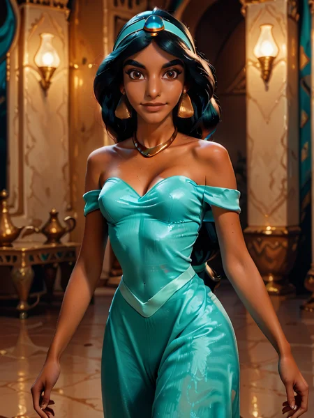 princess dress, jasmine, A character with long black hair wearing a turquoise outfit and jewelry, standing confidently in a luxurious indoor setting, 1girl, solo, long hair, looking at viewer, smile, hair ornament, cleavage, bare shoulders, brown eyes, medium breasts, collarbone, upper body, hairband, earrings, parted lips, necklace, off shoulder, mole, strapless, blue dress, tiara, gem,   
<lora:princess_rc_il:0.9>