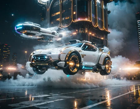 shine colorful,analog photo,glowing particle, white and brass science fiction hovering industrial luxury car by a downtown hotel, science fiction, cinematic lighting, night time, volumetric light, imax, dslr, highly detailed, volumetric fog, dystopian vibes, dutch angle, cinematic angle,masterpiece,best quality,<lora:Shine_colorful_XL_15E2B3A3C_RT:1>,