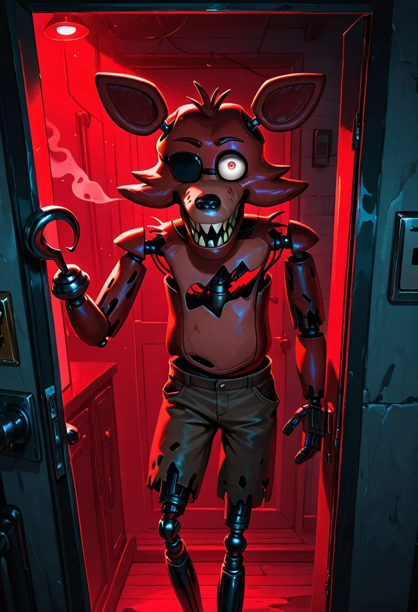 masterpiece, best quality, amazing quality, very aesthetic, absurdres, newest, detailed background, foreground blur, (( cartoon )),
foxy, animal ears, 1boy, solo, sharp teeth, eyepatch, pirate hook, joints, animatronic, brown ripped shorts, robot, grey legs, thin legs,
clenched teeth, leaning on door, red lights, smoke, open door, grey walls, dark building, looking at viewer, red theme, emergency lights, smile