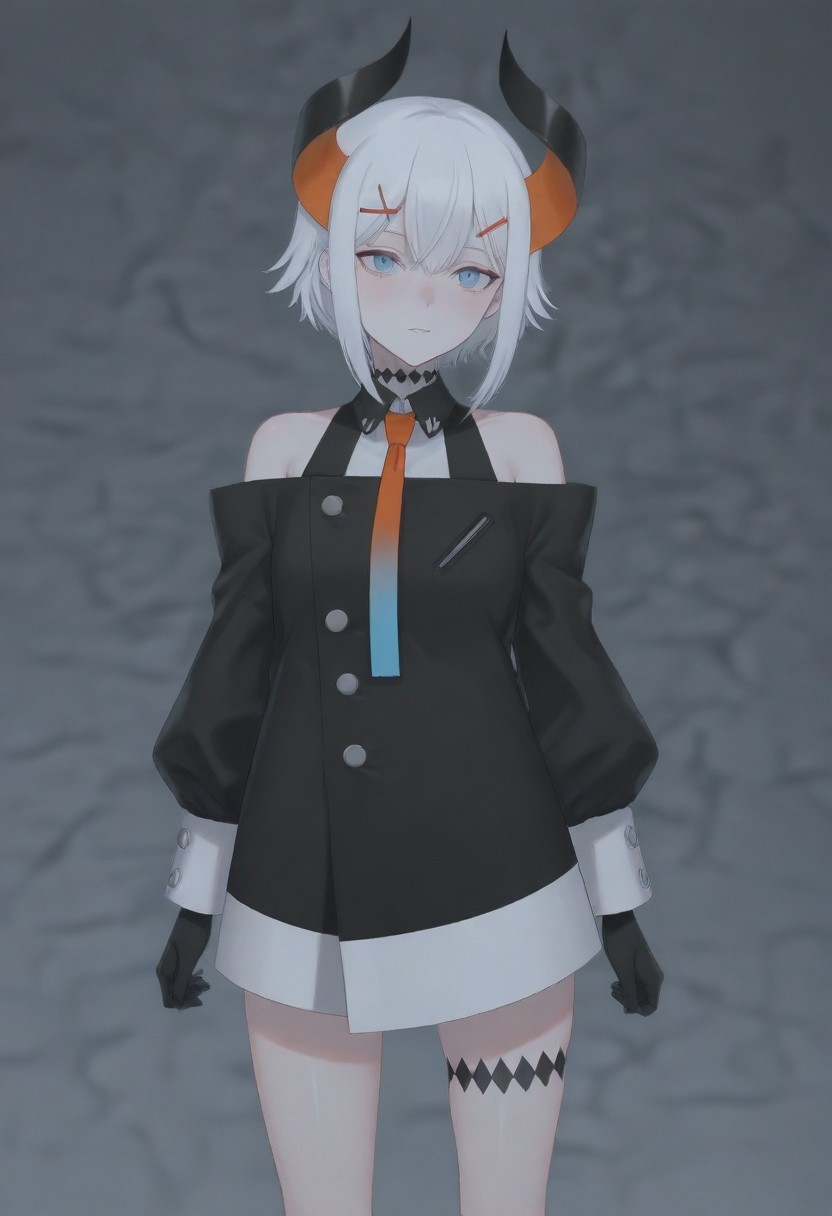masterpiece, best quality, amazing quality,,, shiny skin,,,,,,,,nijilevi,,blue eyes,white hair,horn,pail skin,short hair,hairclip,nijilevicos,collared shirt,bare shoulder,gradient necktie,puffy long sleeves,white cuffs,black gloves,single thigh strap,