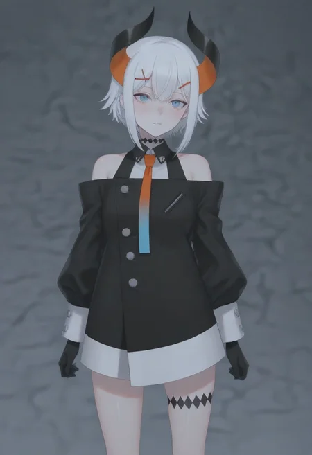 masterpiece, best quality, amazing quality,,, shiny skin,,,,,,,,nijilevi,,blue eyes,white hair,horn,pail skin,short hair,hairclip,nijilevicos,collared shirt,bare shoulder,gradient necktie,puffy long sleeves,white cuffs,black gloves,single thigh strap,