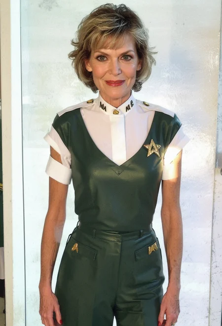 katemontana age 55 mature, green-white uniform, bobcut80s hairstyle, <lora:StarTrekPony:1> <lora:katemontana:0.7> <lora:Retro_Blonde-V1:0.35> <lora:T0n1XLP:0.37> t0n1
